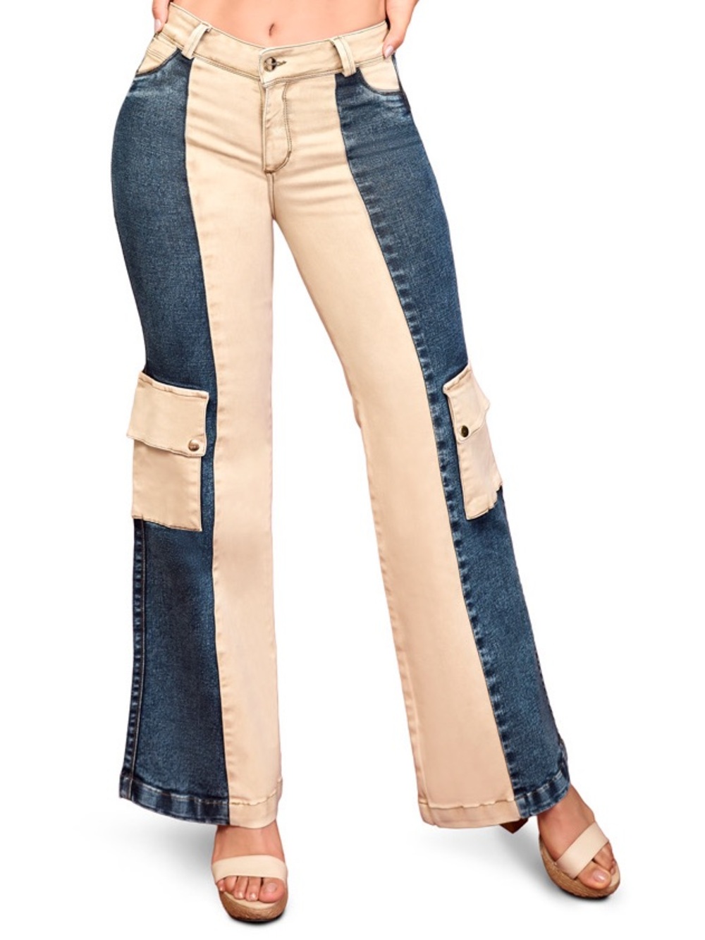 Two-Tone Beige and Dark Blue Flare Cargo Jeans - Women's